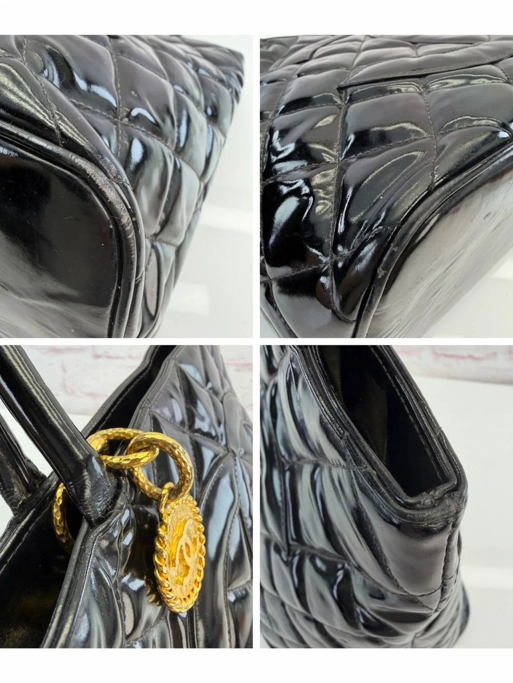 CHANEL Black Quilted Patent Leather Tote with Gold Medallion Charm